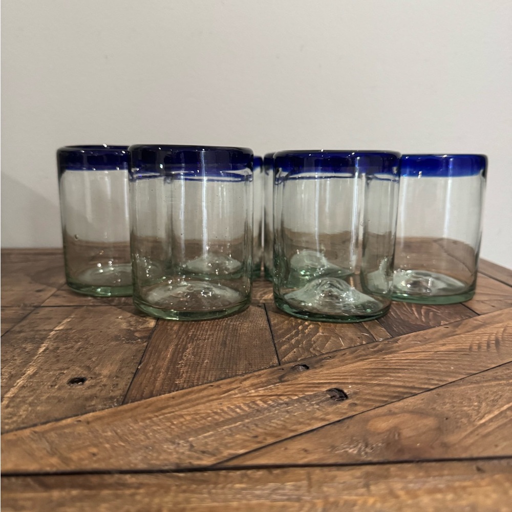 COBALT BLUE RIM TUMBLER HANDBLOWN GLASSES - SET OF 6 (10 OZ EACH - Picture 2 of 8